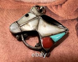 Pendentif rare en forme de cheval ZUNI vintage précoce en inlay multi-pierres équestre