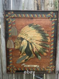 Plaque murale rare des années 1900 d'un Indien américain, Chef Minisink 24,75 x 30,75