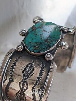 Premier Signe Navajo Ingot Argent Turquoise Stampwork Cuff Bracelet Old Native