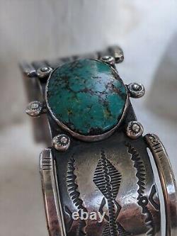 Premier Signe Navajo Ingot Argent Turquoise Stampwork Cuff Bracelet Old Native