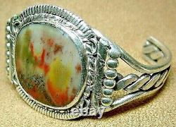 Premier Vintage Navajo Argent Sterling Grand Bracelet En Agate En Bois Pétrifié