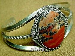 Premier Vintage Navajo Argent Sterling Grand Dramatique Bracelet De Cuff En Bois Pétifié