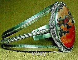 Premier Vintage Navajo Argent Sterling Grand Dramatique Bracelet De Cuff En Bois Pétifié