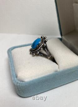 Premier Vintage Navajo Bleu Turquoise Sterling Argent Perled Sun Ring Vieille Antique