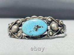 Premier Vintage Navajo Bleu Turquoise Sterling Bracelet En Argent Vieux