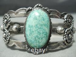 Premier Vintage Navajo Carico Lac Turquoise Bracelet En Argent Sterling Vieux