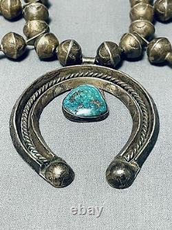 Première Grande Perle Vintage Navajo Turquoise Sterling Silver Squash Collier Blossom