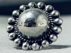 Rare Button Sterling Silver Du Début Des Années 1900 Dominé Vintage Anneau Navajo