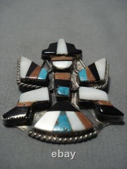 Rare Début Des Années 1900 Vintage Zuni Turquoise Coral Sterling Silver Pin Old