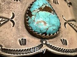 Rare Early Main Forgé Lingot Argent Monnaie Gem Turquoise Bracelet 121g Signe