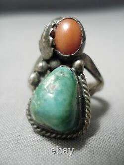 Rare Early Vintage Navajo Vert Turquoise Coral Sterling Silver Leaf Ring