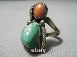 Rare Early Vintage Navajo Vert Turquoise Coral Sterling Silver Leaf Ring