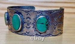 Rare Navajo Tôt Cerillos Turquoise Pièce Argent Whirling Logs Bracelet Bracelet De Manchette