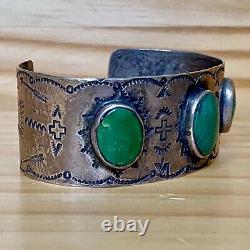 Rare Navajo Tôt Cerillos Turquoise Pièce Argent Whirling Logs Bracelet Bracelet De Manchette