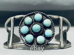 Rare Premier Satellite Turquoise Cluster Vintage Navajo Bracelet En Argent Sterling