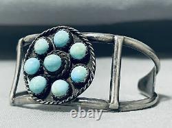 Rare Premier Satellite Turquoise Cluster Vintage Navajo Bracelet En Argent Sterling