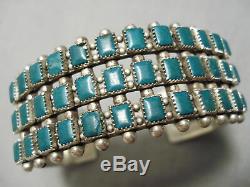 Rare Vintage Early Navajo Squared Turquoise Bracelet En Argent Sterling Vieux