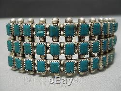 Rare Vintage Early Navajo Squared Turquoise Bracelet En Argent Sterling Vieux