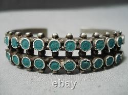 Rare Vintage Early Zuni Navajo Vert Turquoise Serpent Bracelet En Argent Sterling