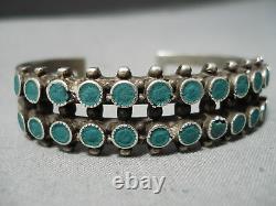 Rare Vintage Early Zuni Navajo Vert Turquoise Serpent Bracelet En Argent Sterling