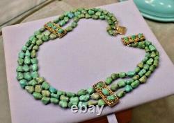 Rare Vintage Sterling Or Vermeil Chinois Turquoise 3 Strand Collier