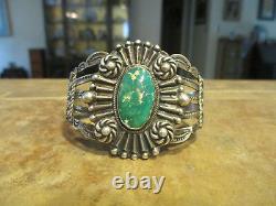 Scarce Early Fred Harvey Era Navajo 900 Coin Silver Turquoise Design Bracelet