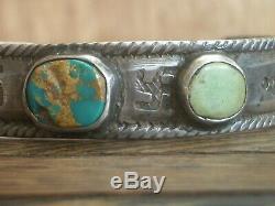 Scarce Paire Early Southwest Indian Argent Turquoise Bracelets De Pion De Lingot De