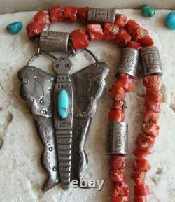 Signé Tôt Tony Aguilar Sr. Kewa Collier Sterling/coin Silver-turquoise-coral
