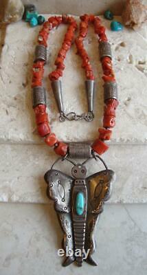 Signé Tôt Tony Aguilar Sr. Kewa Collier Sterling/coin Silver-turquoise-coral