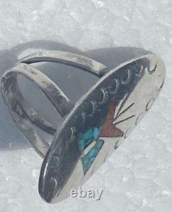 Tommy Singer, Argent Sterling Ancien, Inlay de Couteau Aile en Corail et Turquoise Taille 7