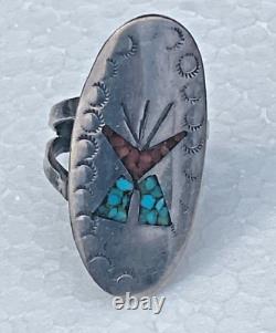 Tommy Singer, Argent Sterling Ancien, Inlay de Couteau Aile en Corail et Turquoise Taille 7