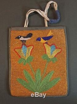 Très Beaux Début Des Années 1900 Plateau Native American Perlée Sac 2 Oiseaux Sur Les Fleurs
