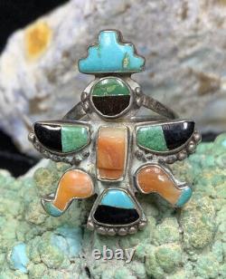 Très rare ! Bague Knifewing Zuni Leekya Deyuse en argent sterling et turquoise