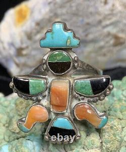 Très rare ! Bague Knifewing Zuni Leekya Deyuse en argent sterling et turquoise