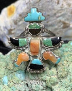 Très rare ! Bague Knifewing Zuni Leekya Deyuse en argent sterling et turquoise