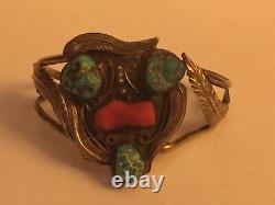Vente Early Navaho Sterling Argent Kingman Turquoise Coffre-fort Leaf Bracelet Ry