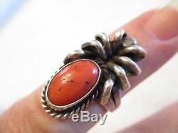 Vieux Pion Vintage Red Coral Sterling Spider Argent Early Navajo Sz 7.5 Ring