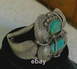Vintage Amérindienne Des Années 1960/début Des Années 70 Sterling & Turquoise Feather Cuff Br