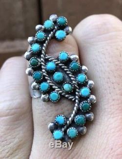 Vintage Early Zuni Sterling Silver & Turquoise Serpent Eye Petit Point Ring Sz 8.5