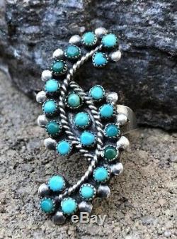 Vintage Early Zuni Sterling Silver & Turquoise Serpent Eye Petit Point Ring Sz 8.5
