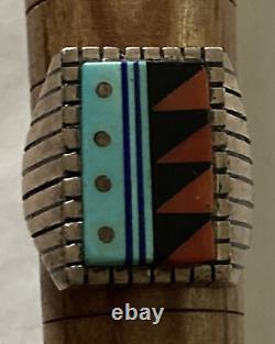 Vintage Inclaid Native American Sterling Silver Ring Signé Vb Début Des Années 80 Indien