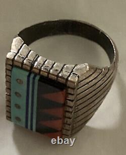 Vintage Inclaid Native American Sterling Silver Ring Signé Vb Début Des Années 80 Indien
