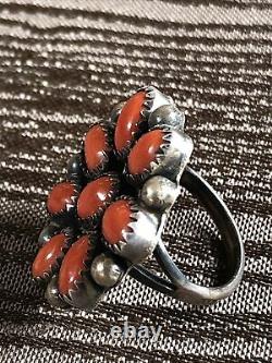 Vintage Navajo Très Tôt Thomas Nez Red Coral Sterling Silver Ring Taille 4.75