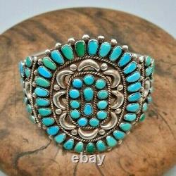 Vintage Silver Early Sterling Et Turquoise Petite Point Cluster Cuff Bracelet