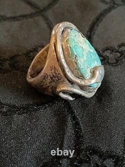 Vintage Single Turquoise Snake Ring Effie Calavaza Early Work Taille Non Signée 9