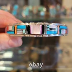 Vintage Zuni Native American Torquoise Et Inlay Sterling Bracelet En Argent Signé
